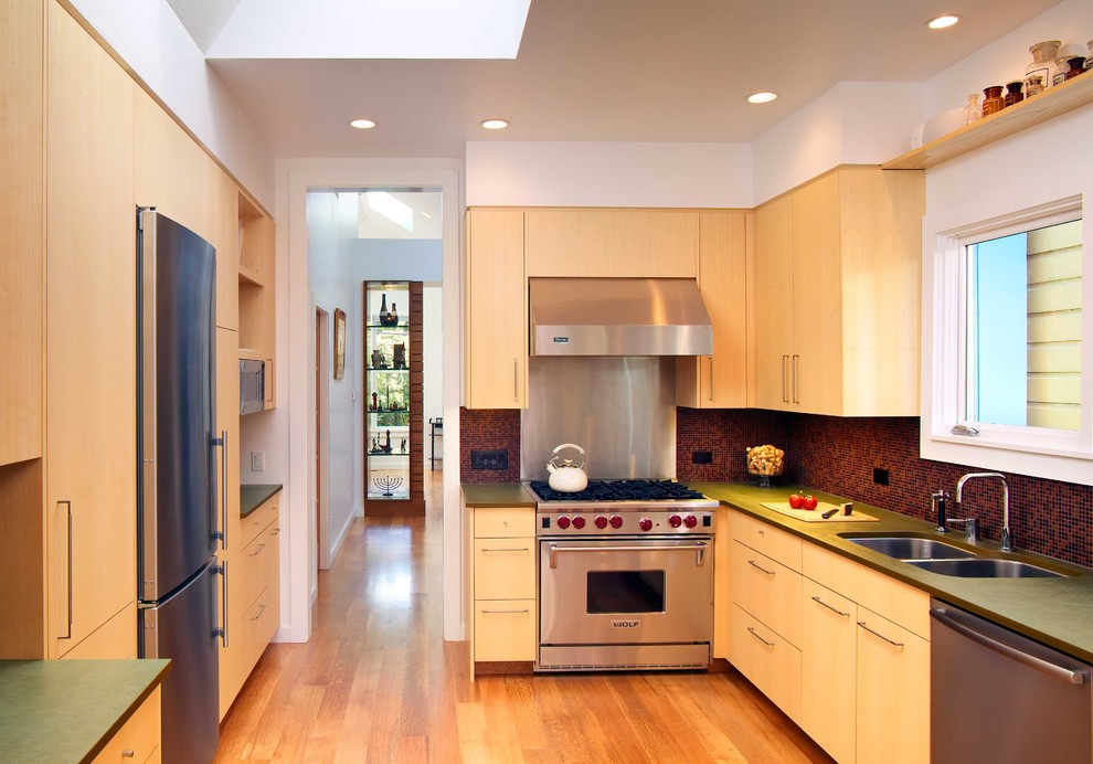 Wolf Range Hood Kitchen Contemporary with Floating Shelf Hardwood Floors