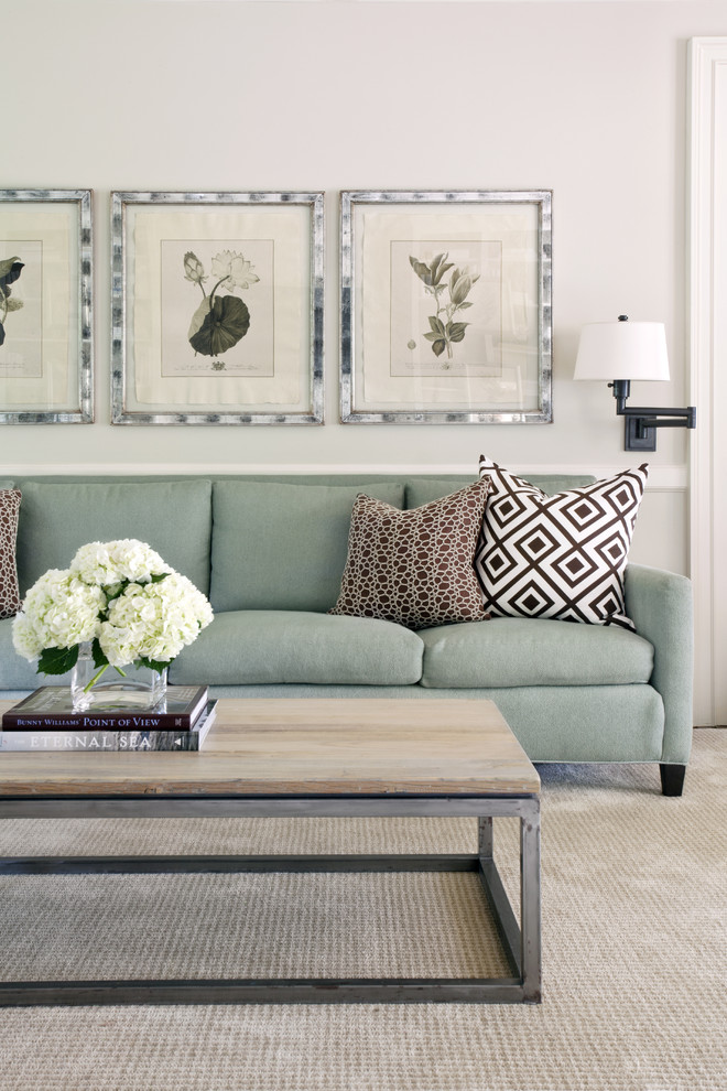 Wood and Metal Coffee Table Family Room Transitional with Artwork Botanical Prints Chair