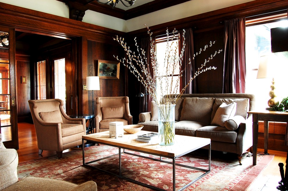 Wood and Metal Coffee Table Living Room Traditional with Beige Armchair Brown Sofa