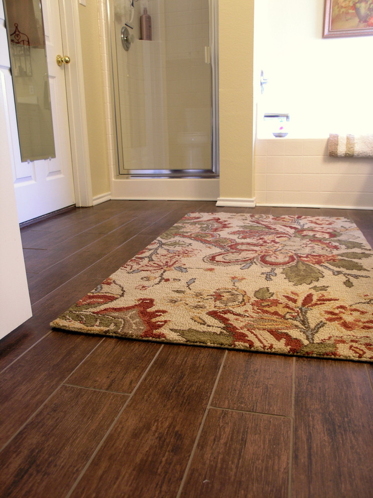 Wood and Tile Floors Bathroom Traditional with None 