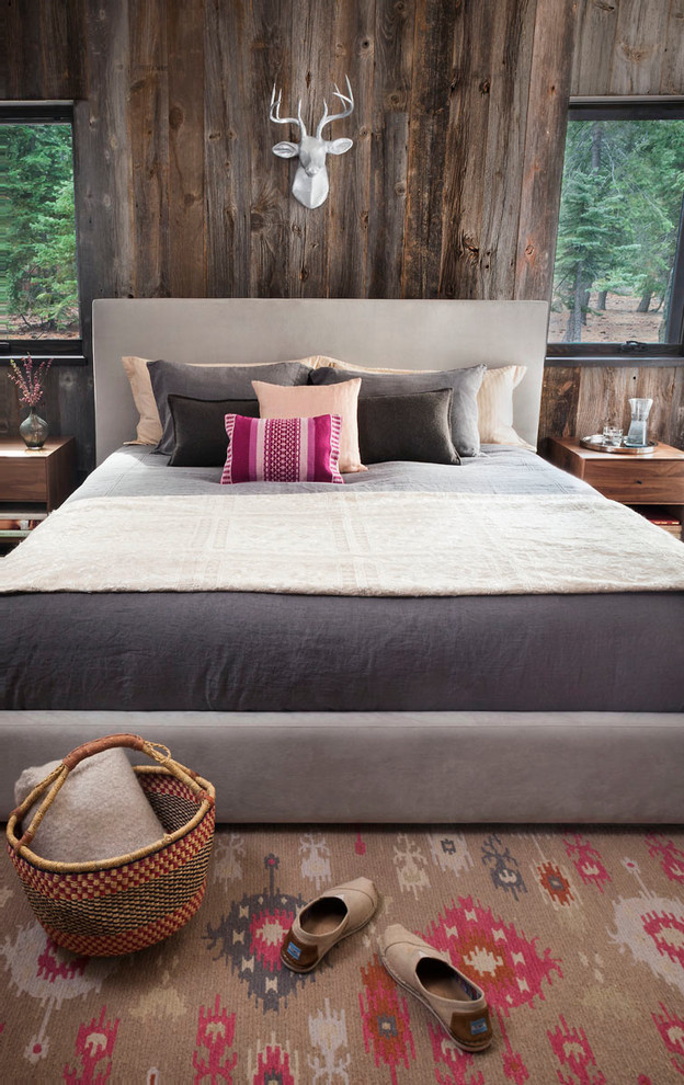 Wood and Upholstered Bed Bedroom Rustic with Barn Wood Accent Wall