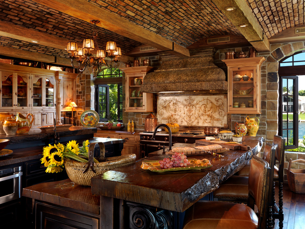 Wood Bar Tops Kitchen Mediterranean with Brick Ceiling Brick Wall