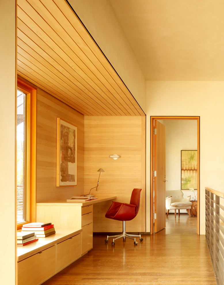 Wood Ceiling Planks Home Office Contemporary with Beige Armchair Beige Wall