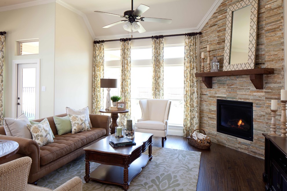 Wood Curtain Rods Family Room Traditional with Brown Sofa Ceiling Fan