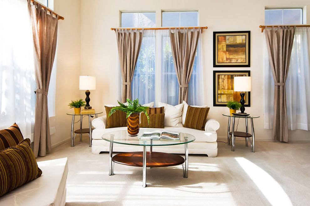 Wood Curtain Rods Living Room Contemporary with Artwork Brown Glass Coffee