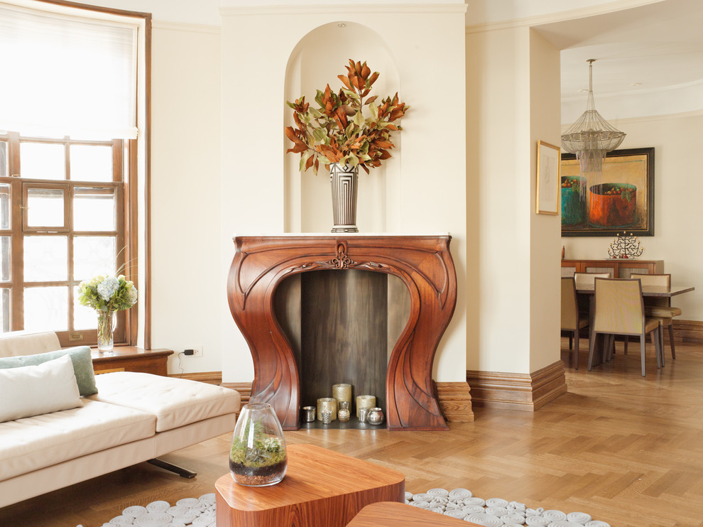 Wood Fireplace Mantels Living Room Transitional with Art Nouveau Mantel Beige