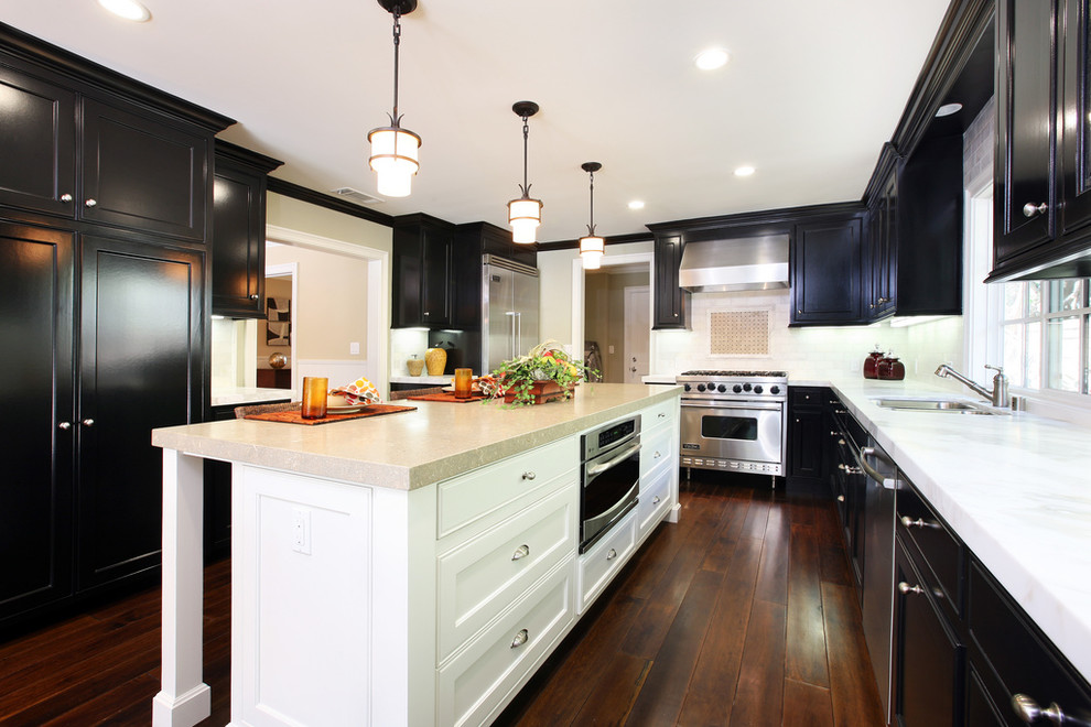 Wood Flooring Ideas Kitchen Traditional with Black Cabinets Breakfast Bar