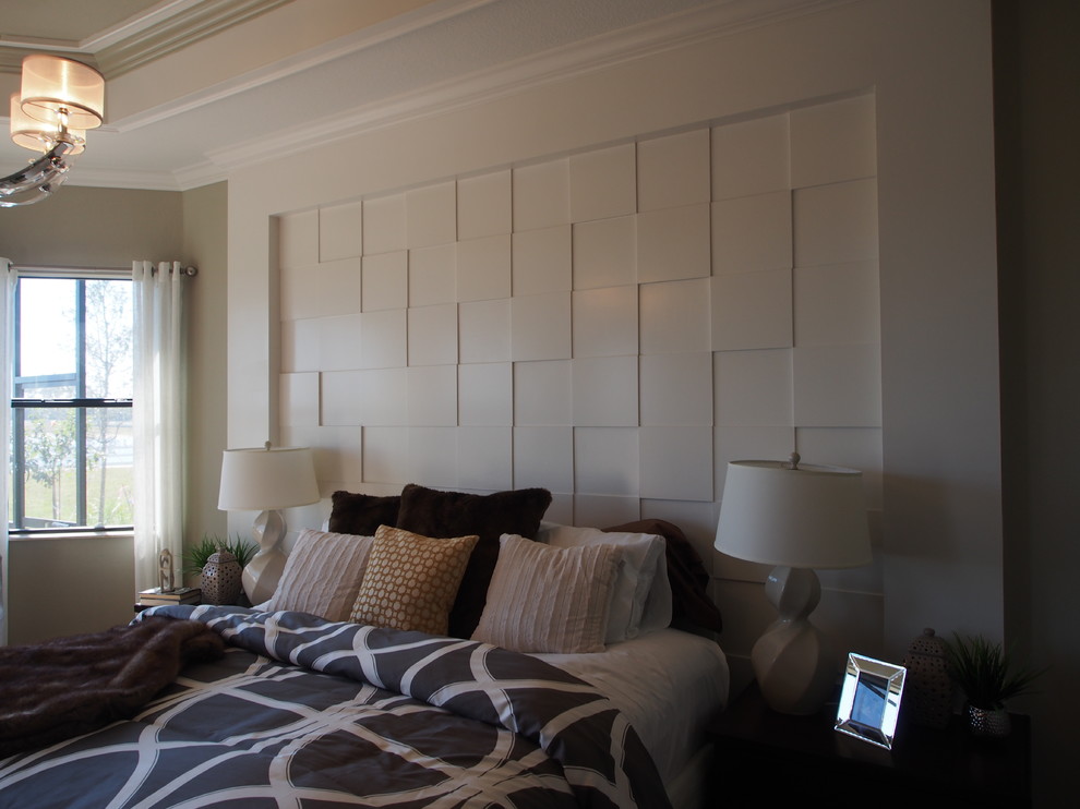 Wood Headboard Designs Bedroom Contemporary with Crown Moulding Night Stand