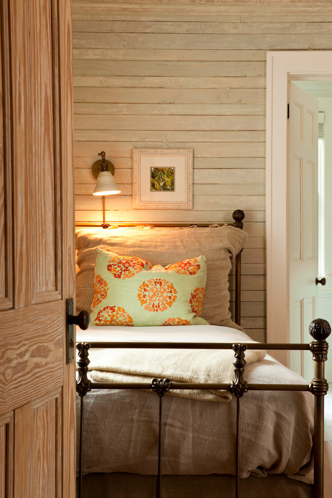Wood Paneling Walls Bedroom Traditional with Bed Bedding Cottage Iron