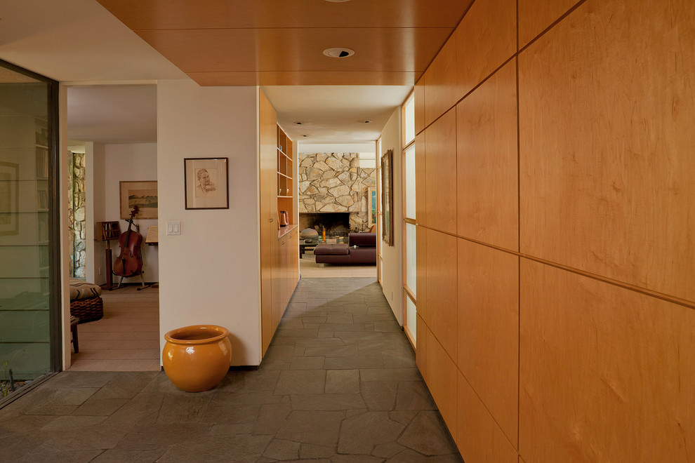 Wood Paneling Walls Entry Contemporary with Built in Storage Ceiling