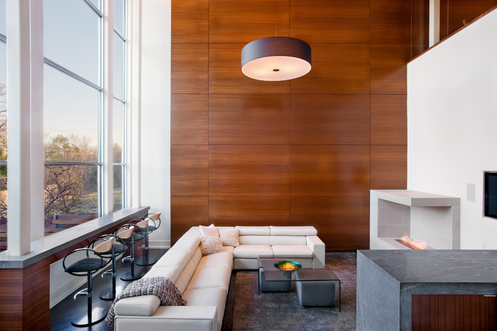 Wood Paneling Walls Living Room Contemporary with Area Rug Barstools Black