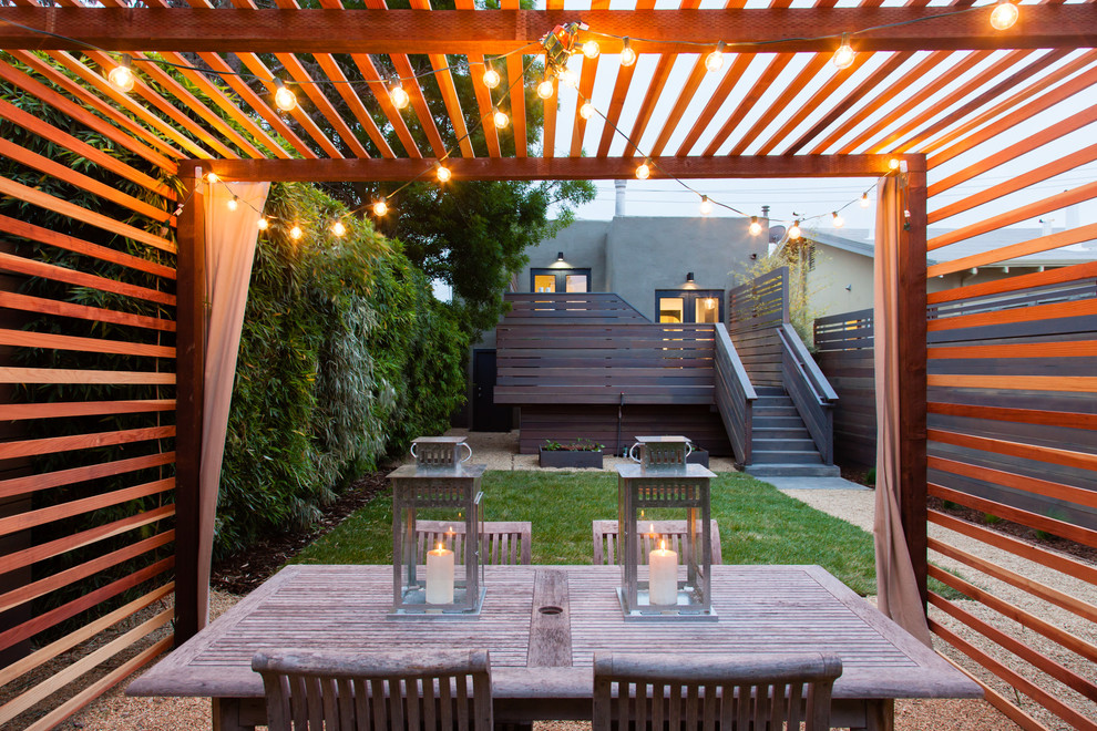 Wood Patio Cover Patio Modern with Candle Lantern Grass Gravel
