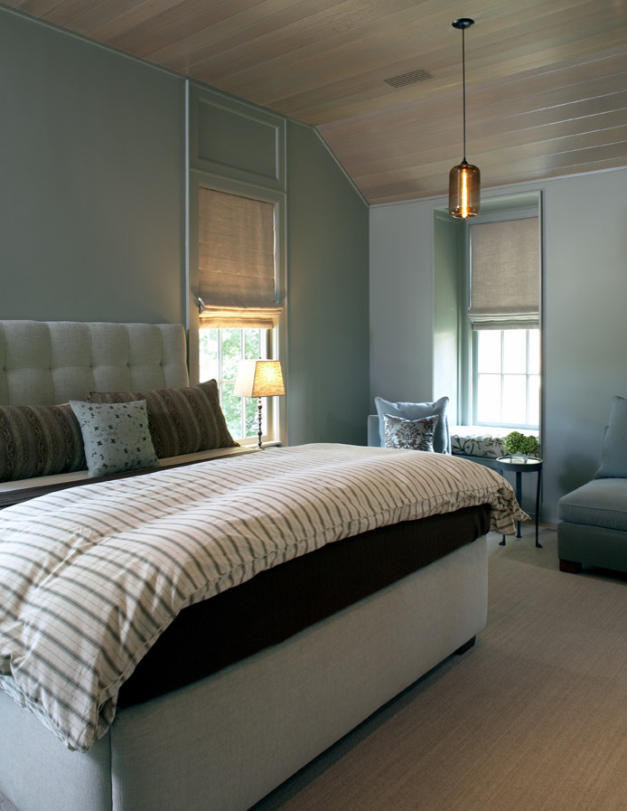 wood plank ceiling Bedroom Contemporary with blue pendant light tufted