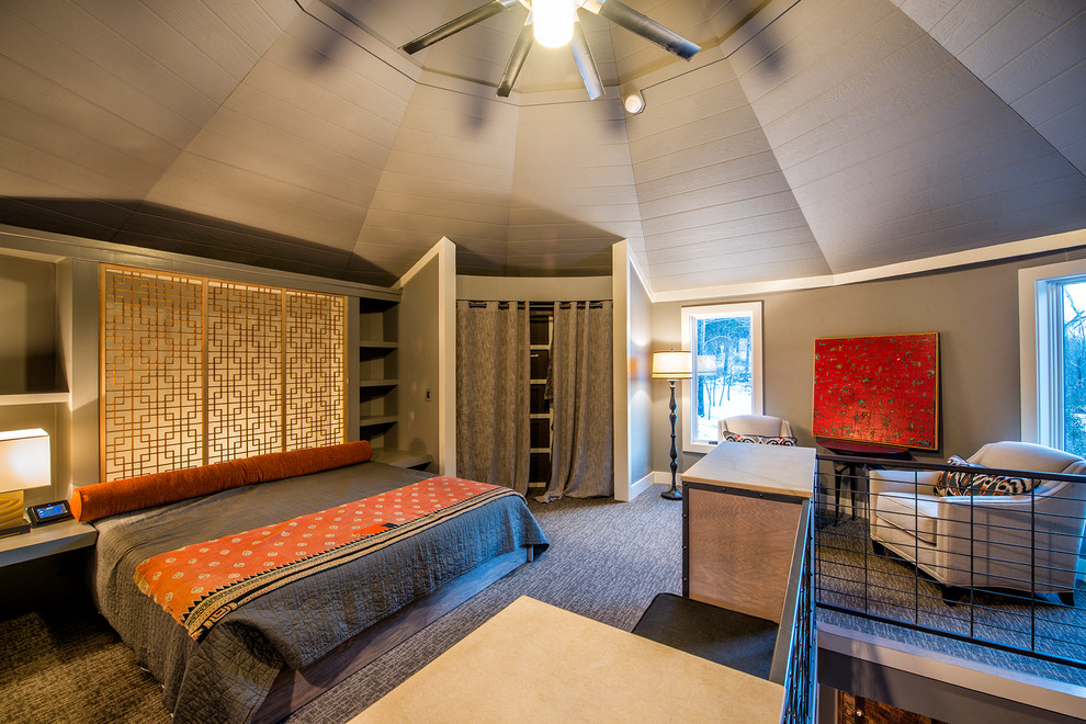 Wood Plank Ceiling Bedroom Contemporary with Custom Made Galvanized Linear Fireplace