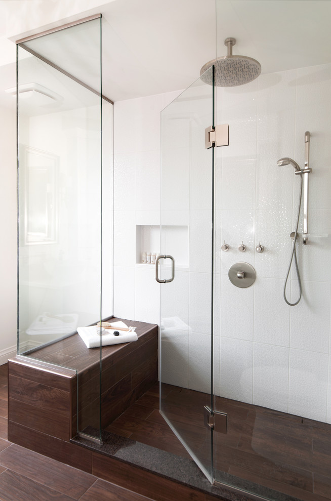 Wood Plank Tile Bathroom Transitional with Bench Ceramic Flooring Elegant