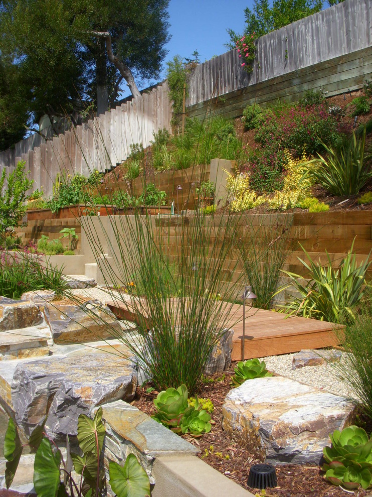 Wood Retaining Wall Landscape Contemporary with Boulders Container Garden Garden
