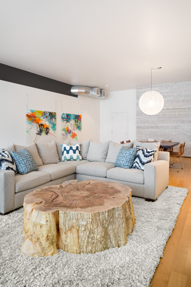 Wood Slab Coffee Table Living Room Contemporary with Blue Throw Pillow Colorful