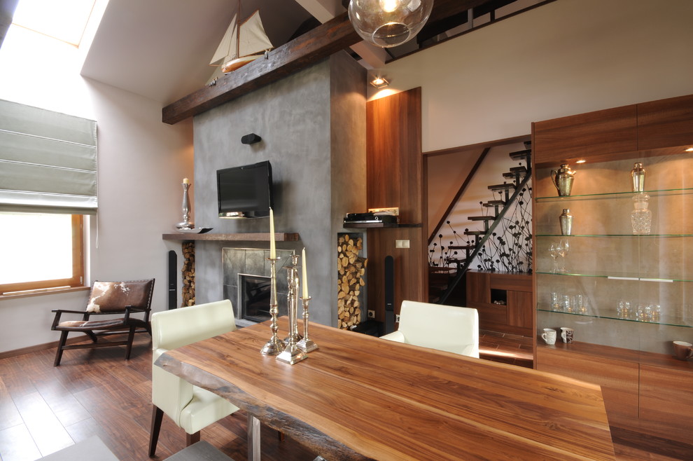 Wood Slab Dining Table Living Room Contemporary with Concrete Fireplace Surround Cow