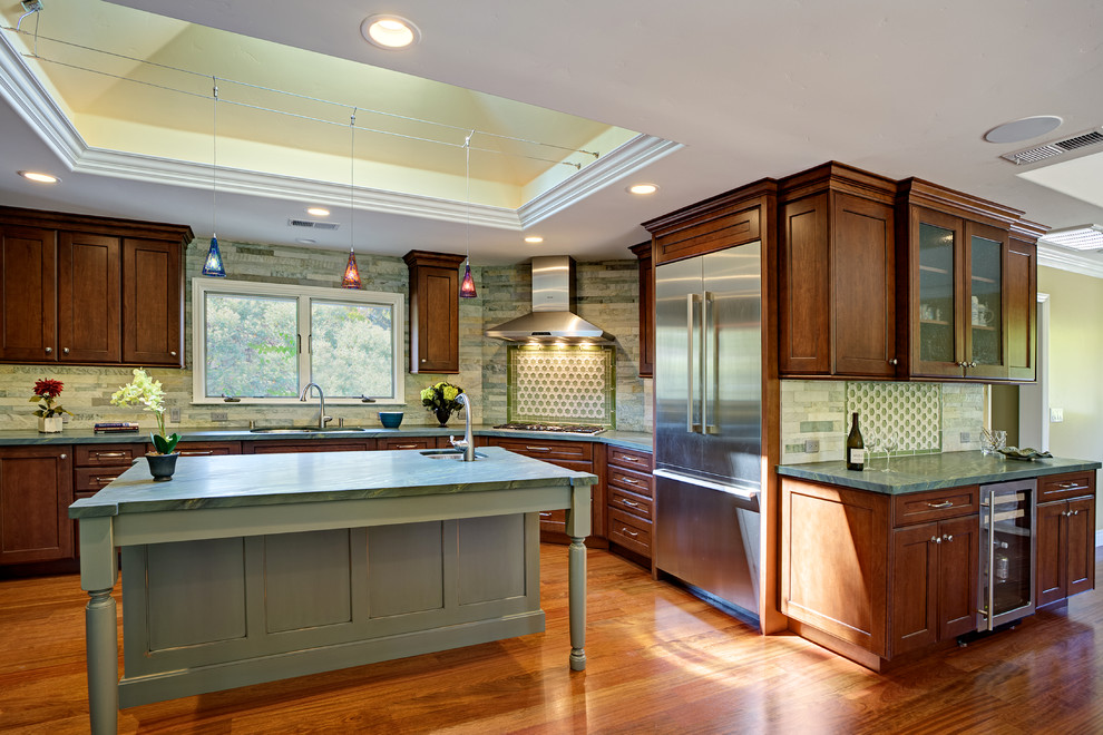 Wood Slat Wall Kitchen Transitional with Cherry Cabinets Glass Mosaic
