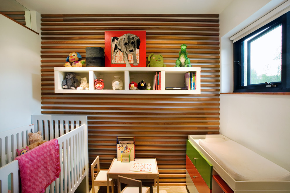Wood Slat Wall Nursery Modern with Changing Table Colorful Dresser