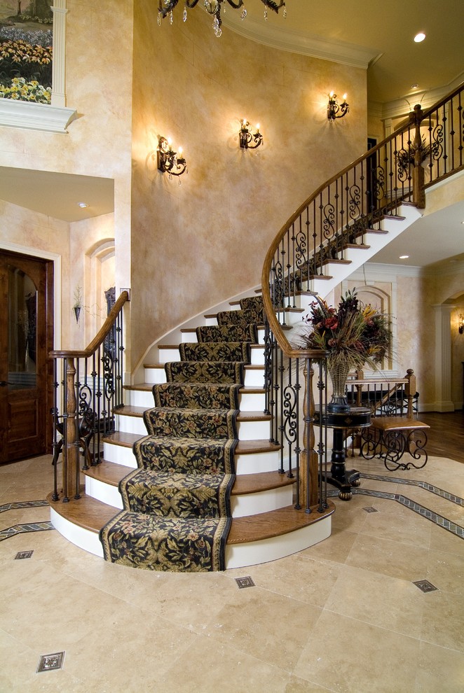 Wood Stair Railings Staircase Traditional with Beige Stone Floor Black