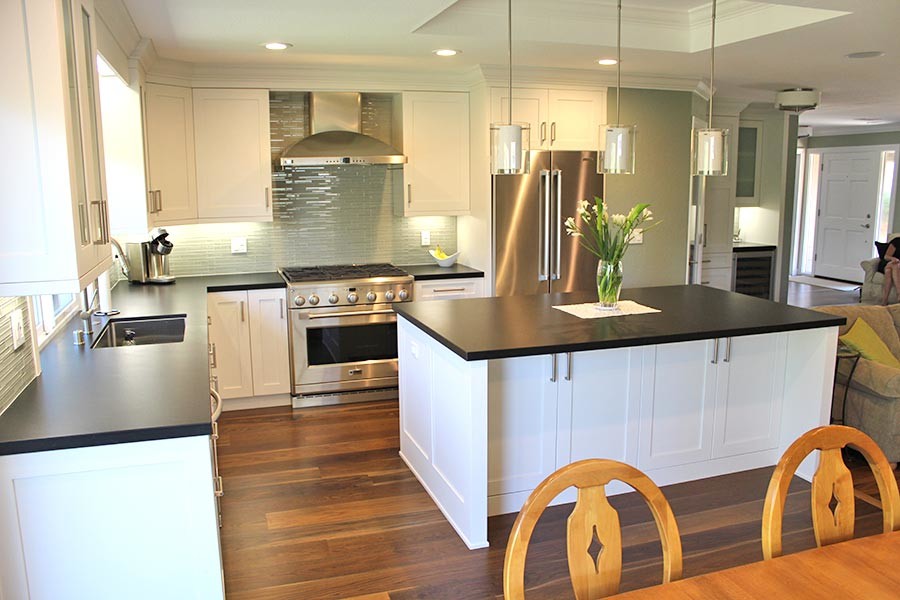Wood Tile Flooring Pictures Kitchen Transitional with Black Countertops Ceiling Height