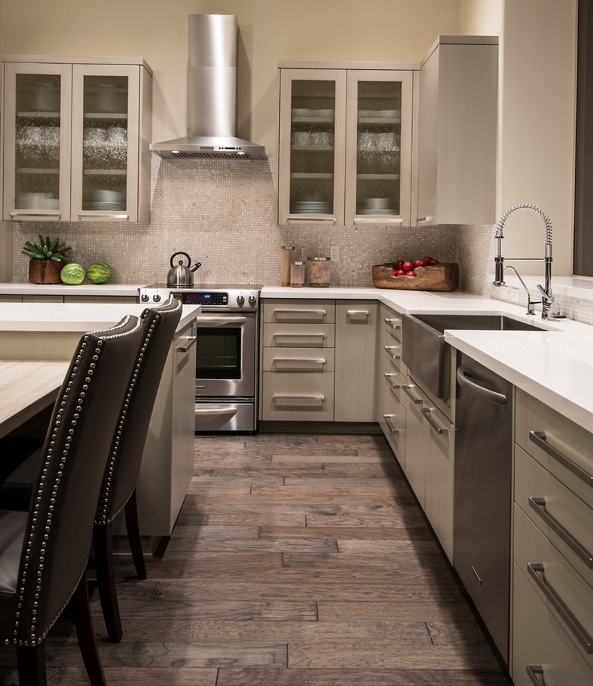 Wood Tile Patterns Kitchen Transitional with Apron Sink Dishwasher Flat