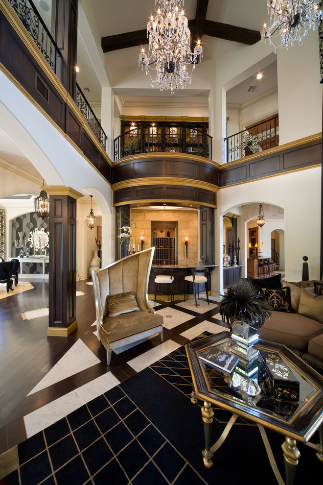 Wood Tile Patterns Living Room Traditional with 2 Story Balcony Bar Basket