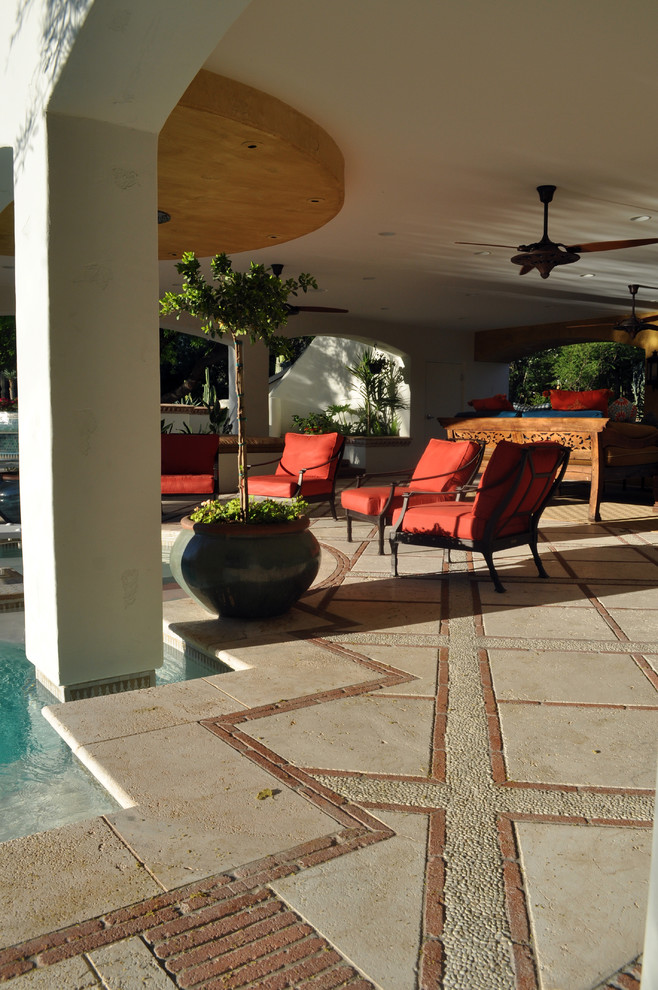 Wood Tile Patterns Patio Mediterranean with Arch Brick Paving Design