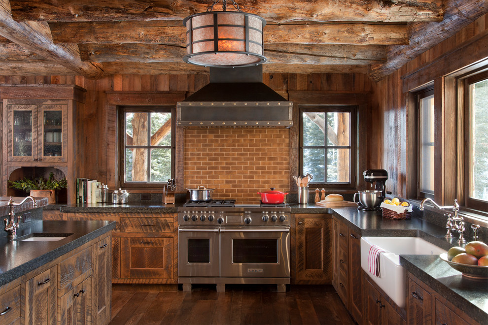 Wood Vent Hood Kitchen Rustic with Brick Backsplash Cabin Drum