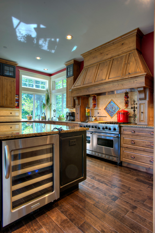 Wood Vent Hood Kitchen Traditional with Backsplash Copper Drawer Pulls
