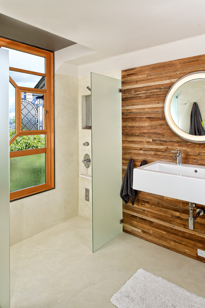 Wood Wall Covering Bathroom Contemporary with Backlit Mirror Circular Mirror