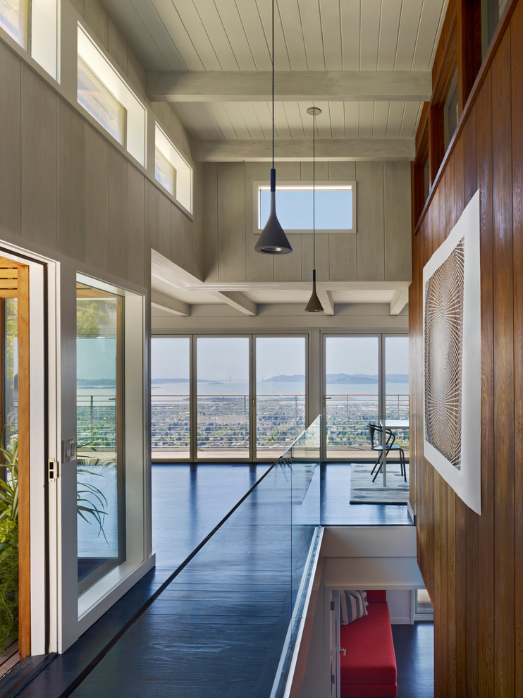Wood Wall Paneling Entry Midcentury with Concrete Pendant Dark Wood