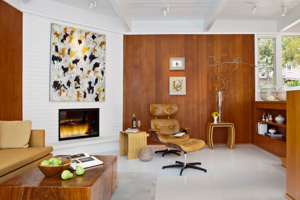 Wood Wall Panels Living Room Midcentury with Artwork Brick Fireplace Surround