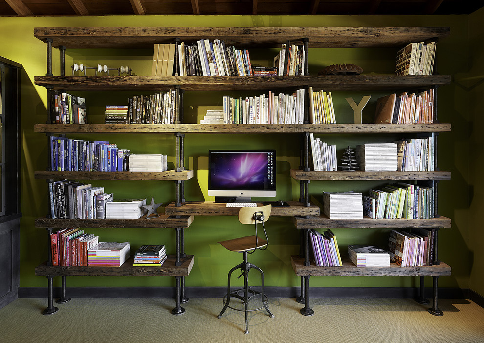 Wooden Desk Chair Home Office Industrial with Bookcase Bookshelves Green Walls