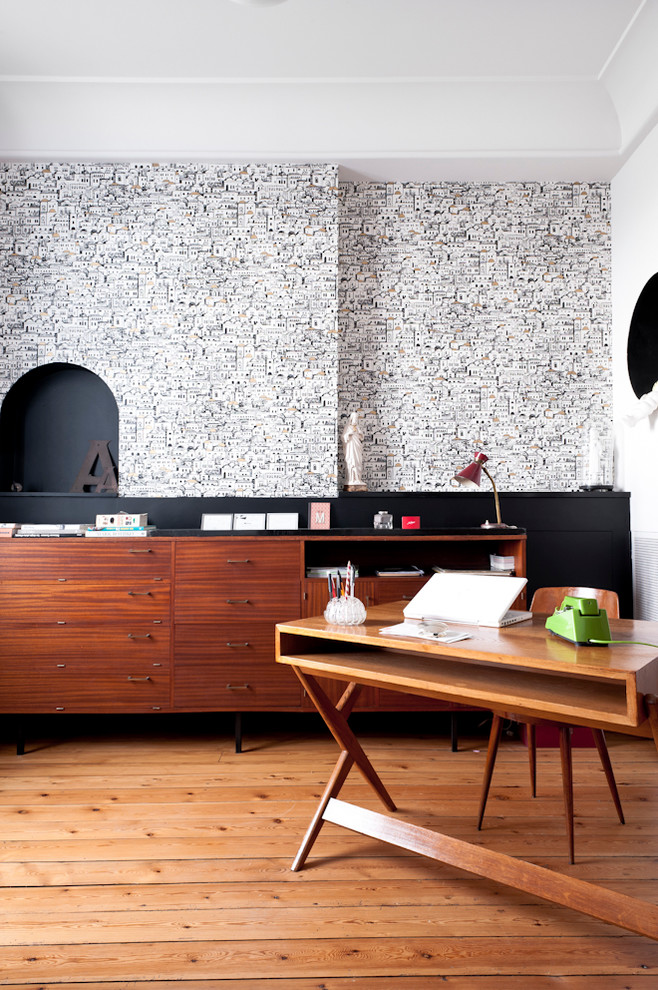 Wooden Desk Chair Home Office Midcentury with Black and White Black