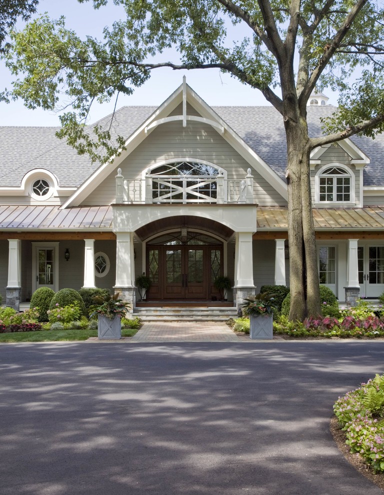Wooden Front Porch Entry Traditional with Acorn Finials Arched Doorway