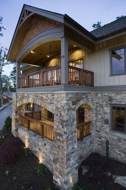Wooden Porch Railings Spaces with Building in the Mountains