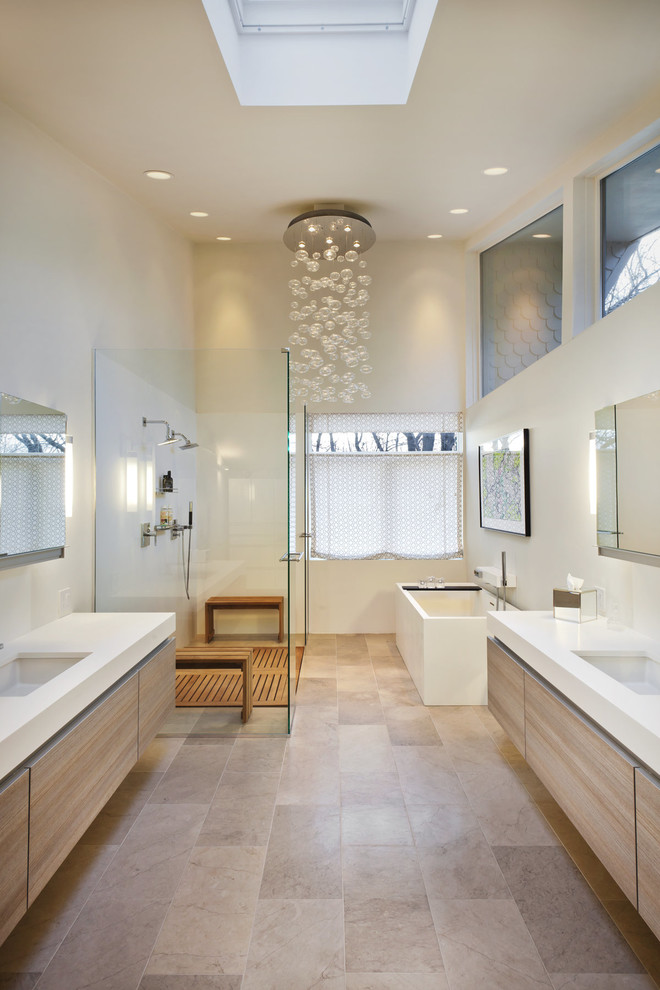 Wooden Shower Floor Bathroom Contemporary with Bubble Chandelier Clerestory Windows