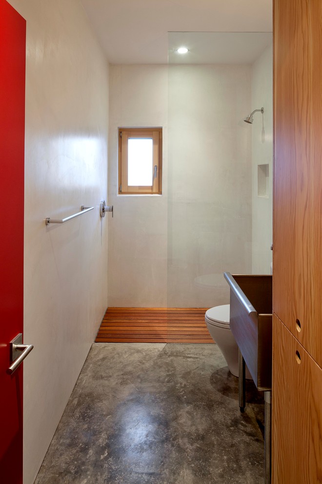 Wooden Shower Floor Bathroom Contemporary with Concrete Floor Glass Partition