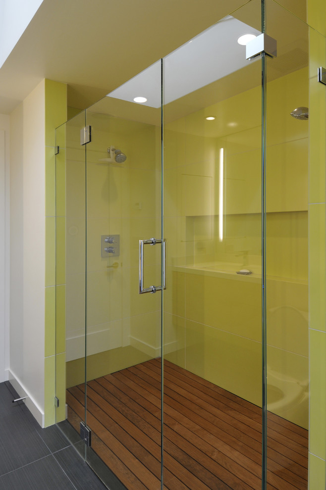 Wooden Shower Floor Bathroom Contemporary with Dark Floor Decking Glass