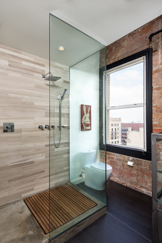 Wooden Shower Floor Bathroom Industrial with Exposed Brick Exposed Concrete