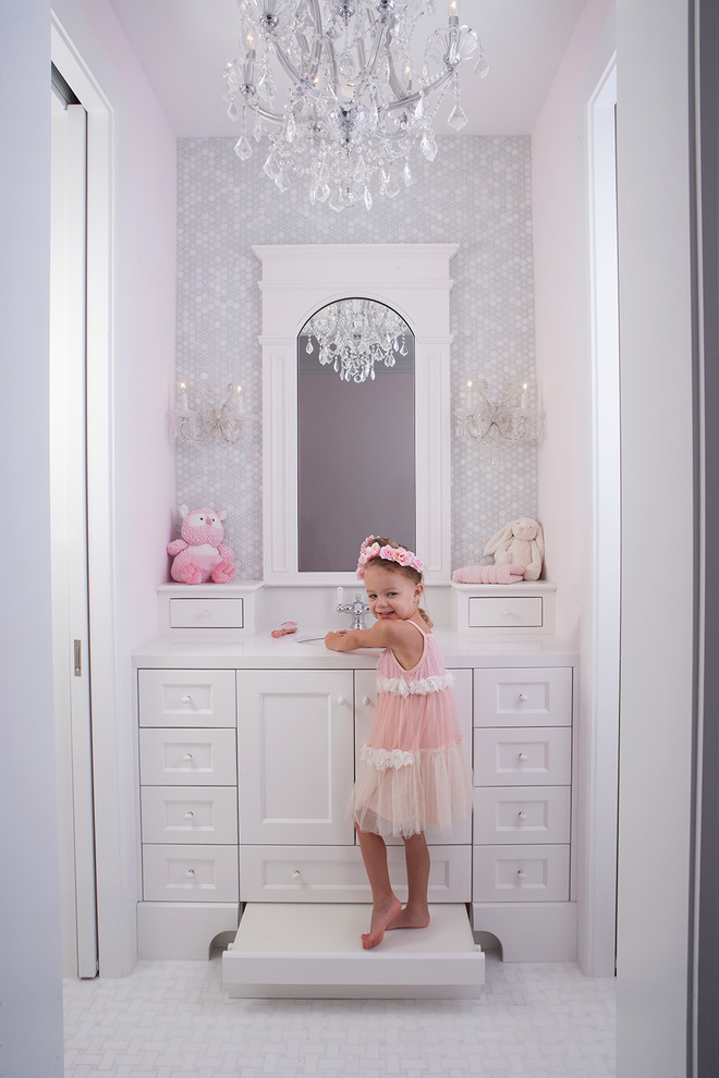 Wooden Step Stool Bathroom Traditional with Arched Mirror Basketweave Floor