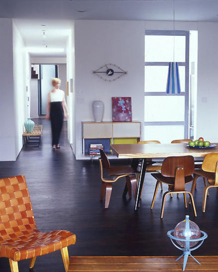 Woven Leather Chair Dining Room Modern with Concrete Floor Dining Table