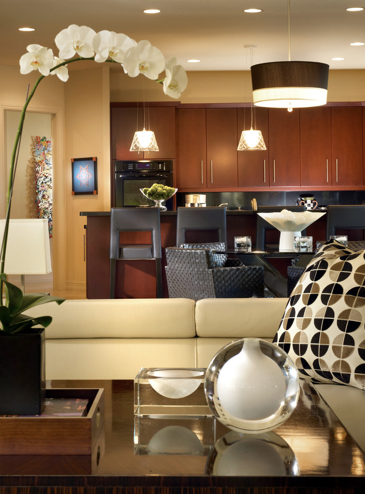 Woven Leather Chair Family Room Contemporary with Artwork Black Appliances Black