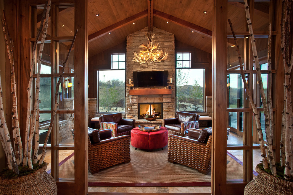 Woven Leather Chair Porch Rustic with Beams Hearth Room High