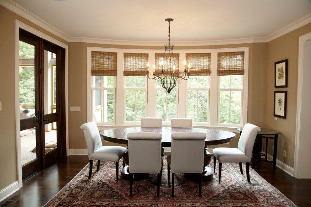 Woven Wood Shades Dining Room Traditional with Area Rug Chandelier Dark