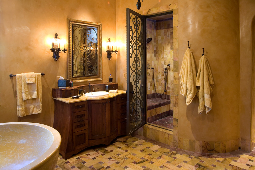 Wrought Iron Bathroom Vanity Bathroom Mediterranean with Archway Beige Textured Wall