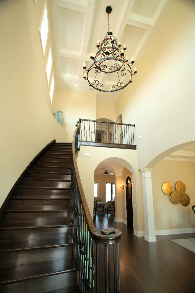 Wrought Iron Chandelier Entry Mediterranean with Clerestory Coffered Ceiling Dark