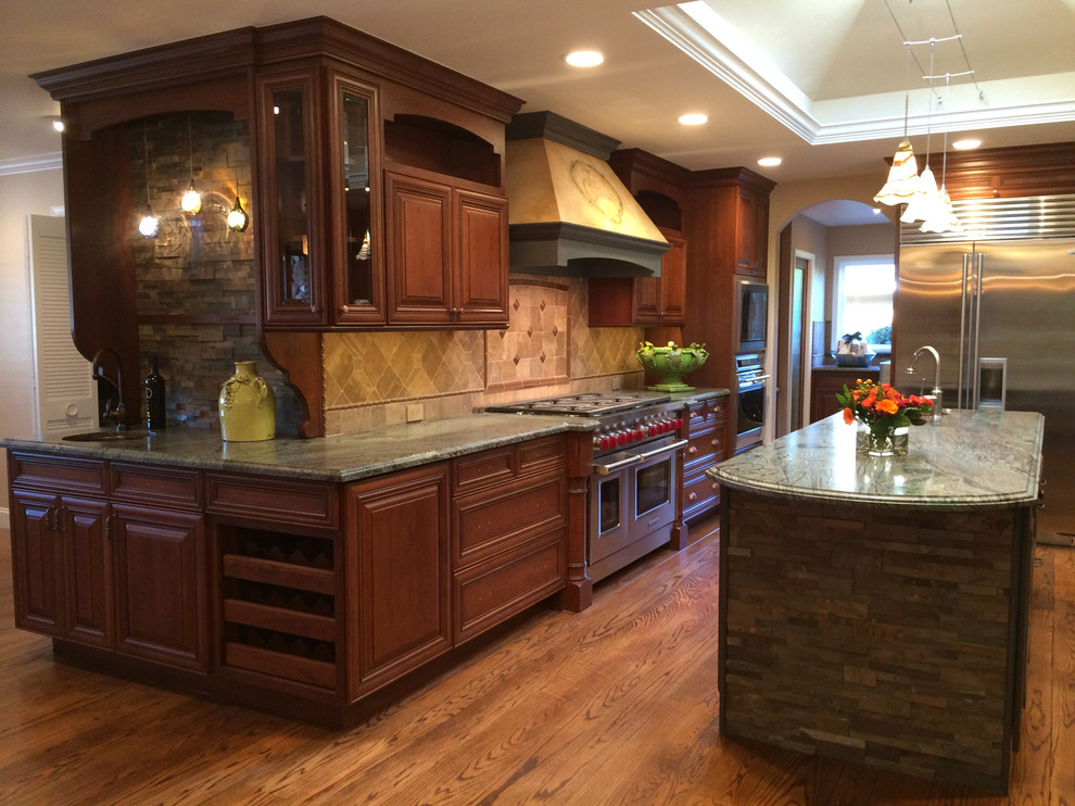 Wrought Iron Chandelier Kitchen Mediterranean with Cherry Cabinets Custom Island